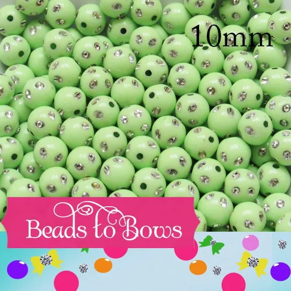 10mm Light Green Rhinestone Beads, Bubblegum bead, Acrylic Beads, 10mm Round Bead, Bling Bead, Embellishment, Chunky Necklace Supply