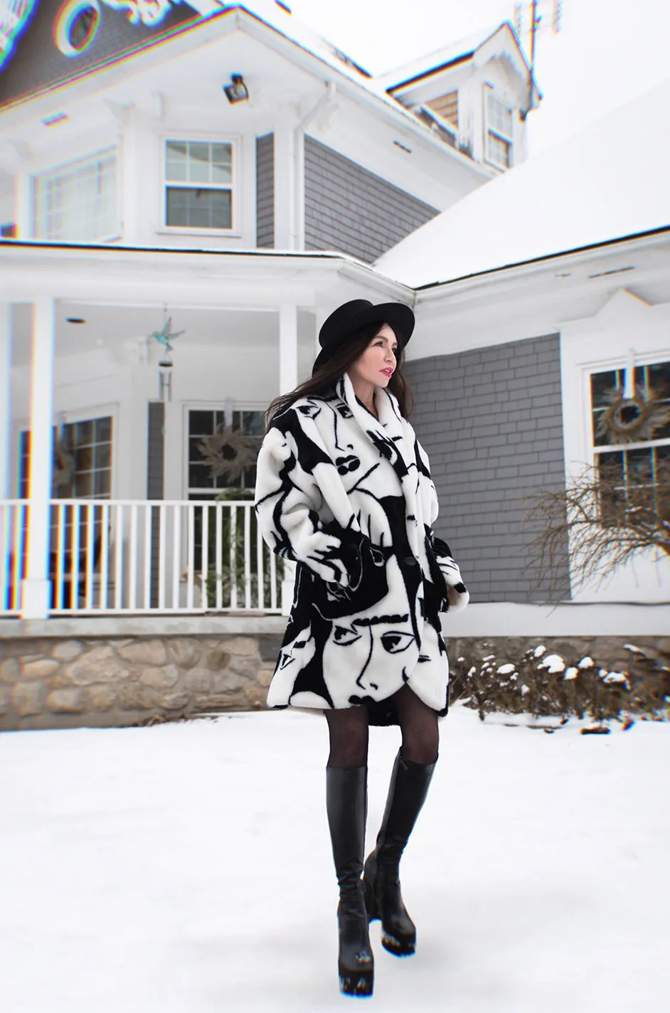 1980s Donnybrook Graphic Black & White Face Print Faux Fur Coat