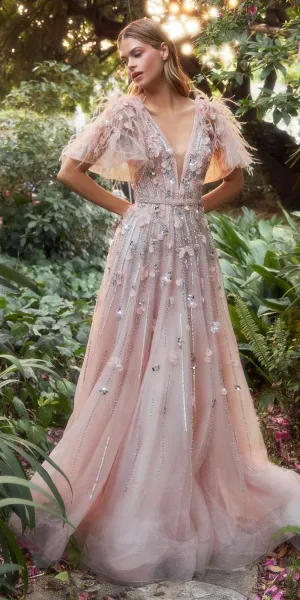 Andrea & Leo A1176 Floor Length Petal Embellished Ruffle Sleeve A-Line Gown