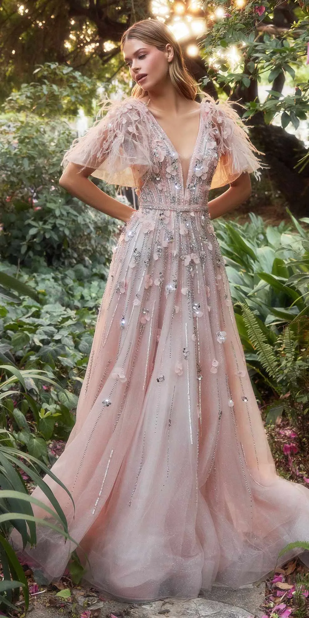 Andrea & Leo A1176 Floor Length Petal Embellished Ruffle Sleeve A-Line Gown
