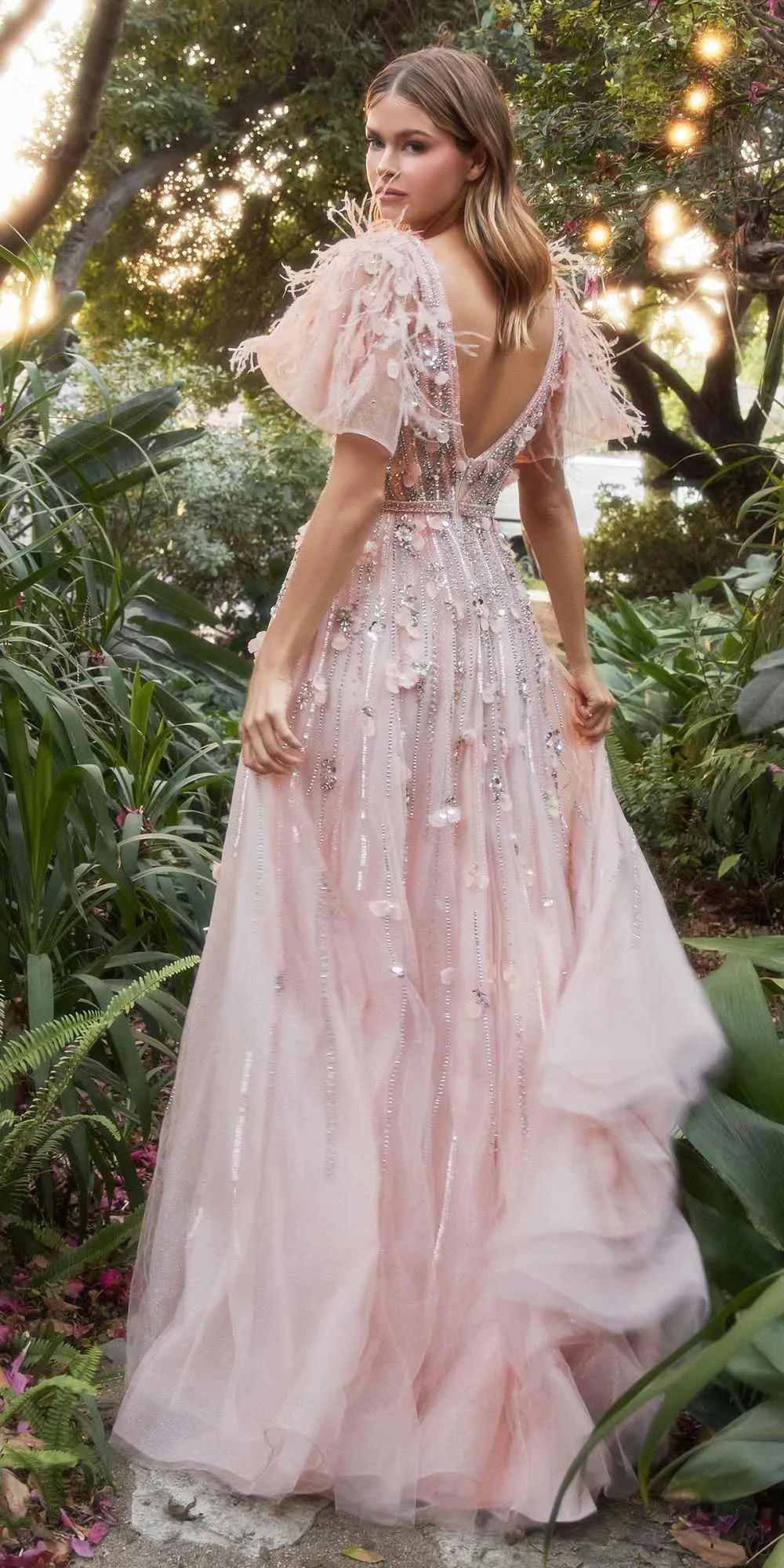 Andrea & Leo A1176 Floor Length Petal Embellished Ruffle Sleeve A-Line Gown