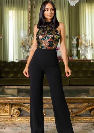 Angelica Black Sequin Jumpsuit – Elegant High-Waisted Wide-Leg Jumpsuit for Special Events & Parties