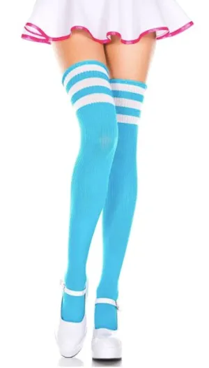Athletic Thigh High Neon Blue White Stripes
