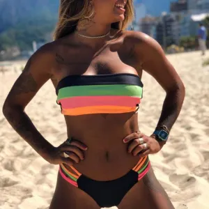 Bandeau Striped Print Strappy Bikini Set