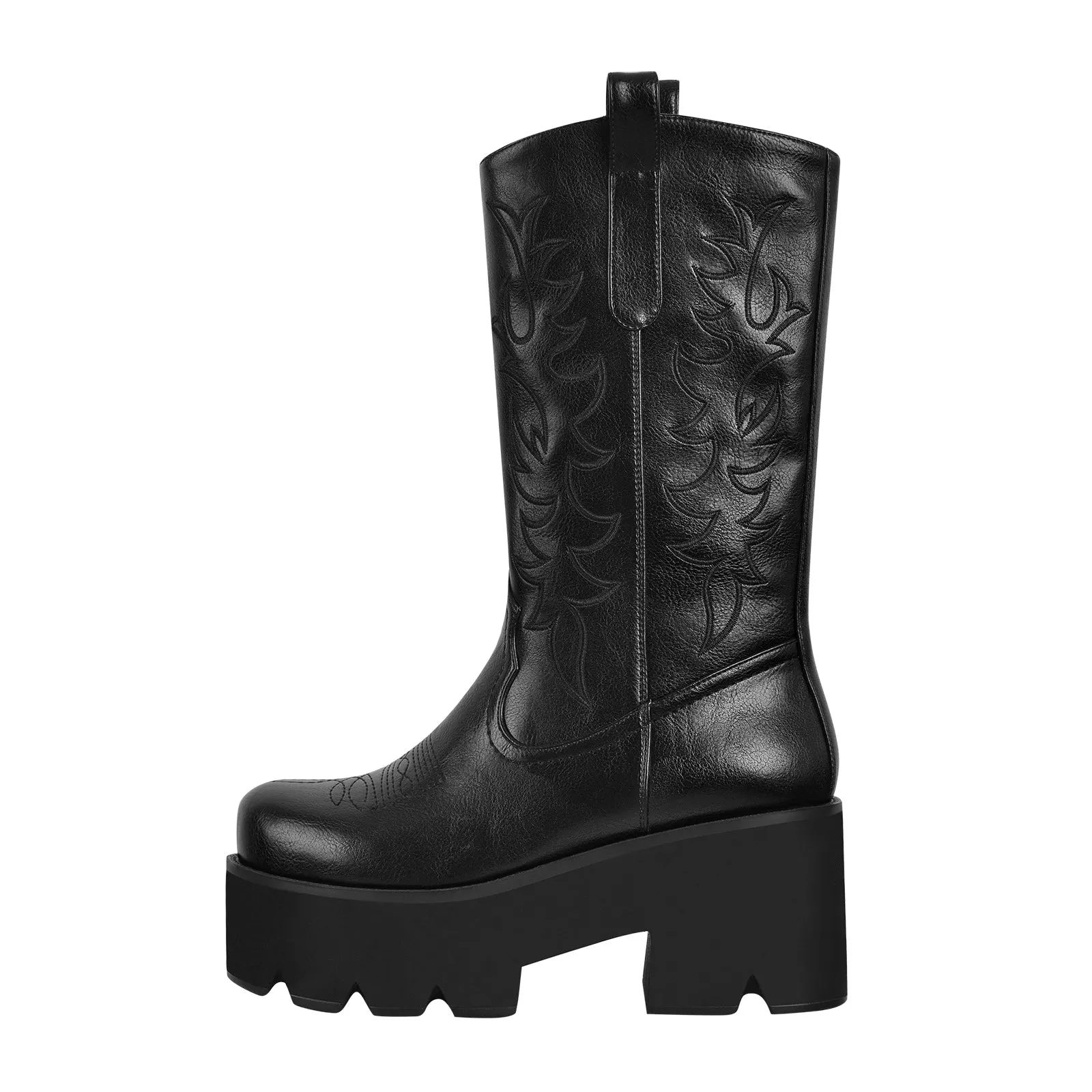Black Embroidery Western Mid-Calf Boots