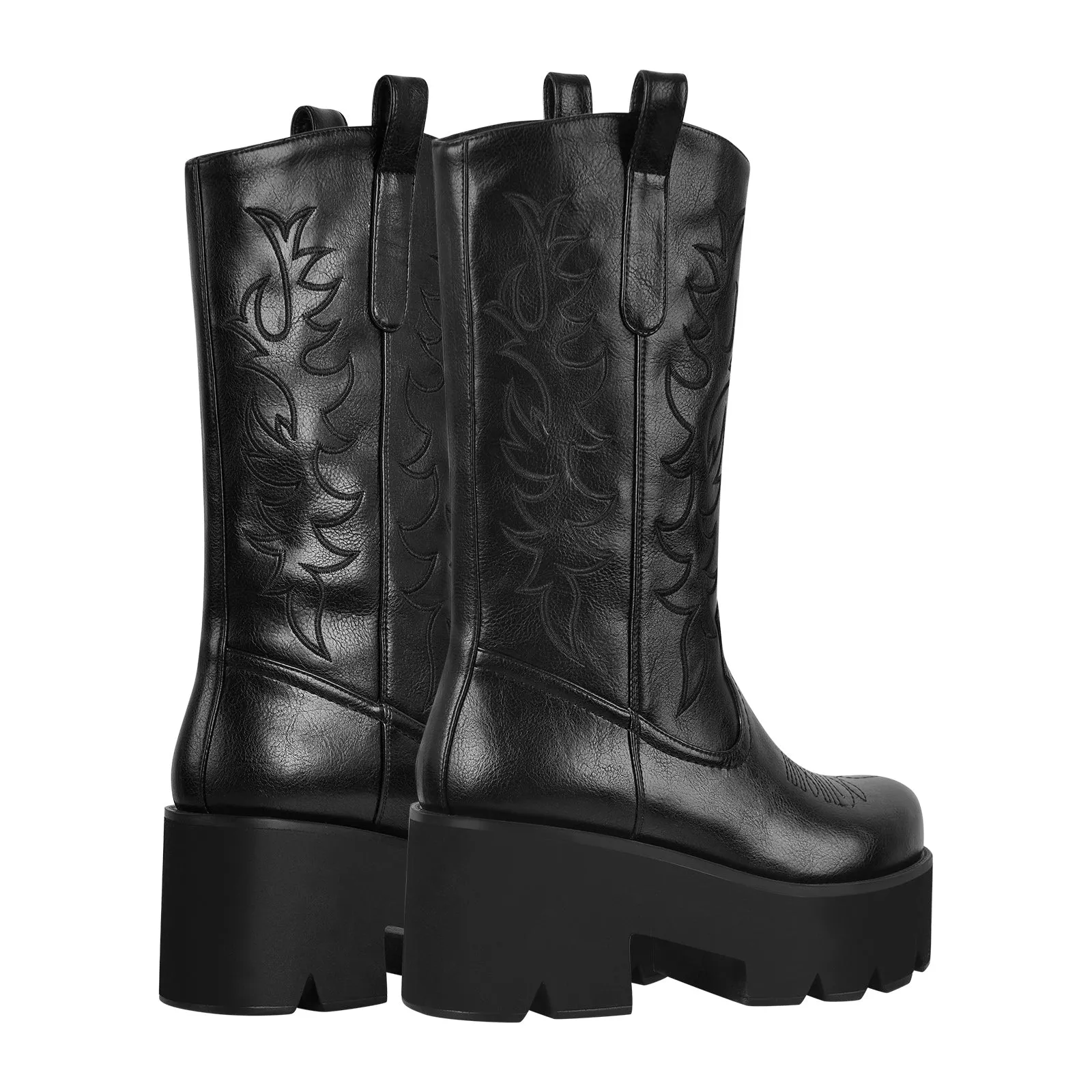 Black Embroidery Western Mid-Calf Boots