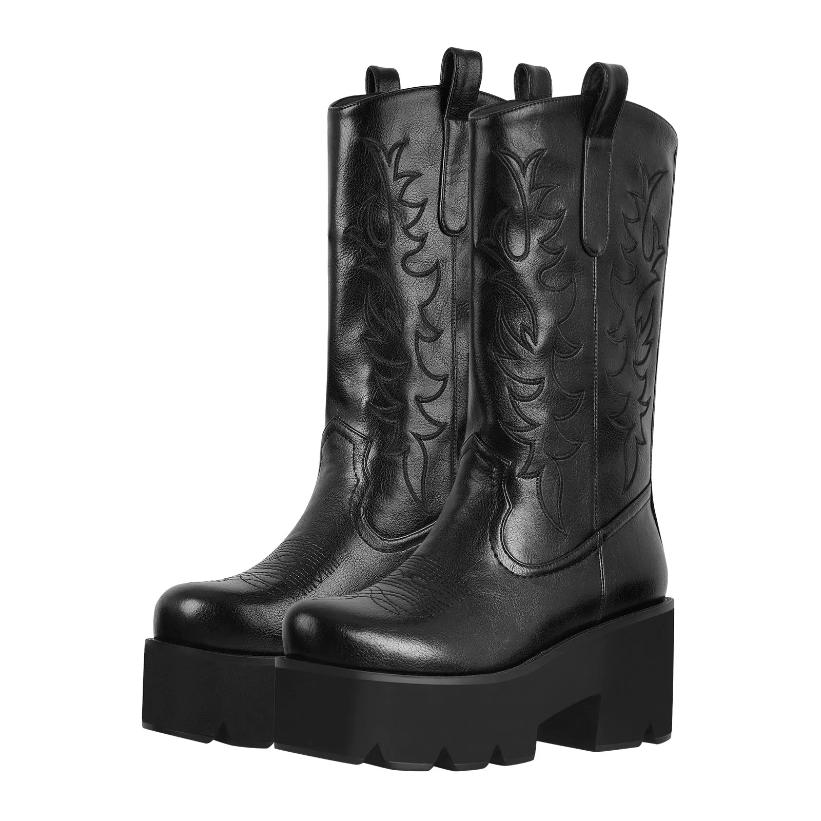 Black Embroidery Western Mid-Calf Boots