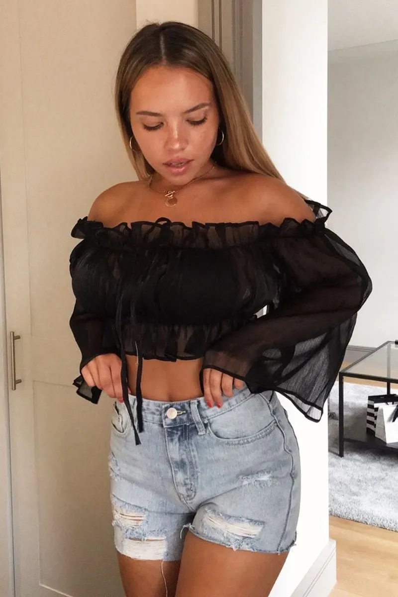 Black Mesh Frill Bardot Top - Rowe