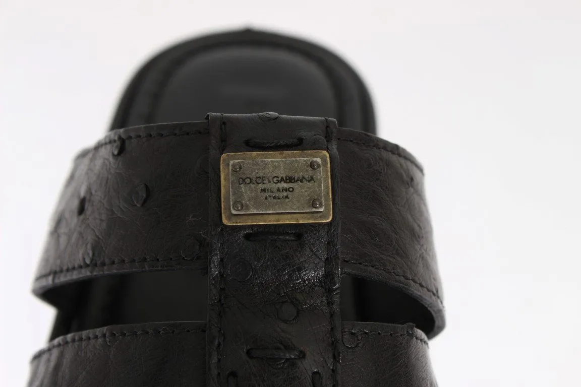 Black Ostrich Leather Slides Sandals