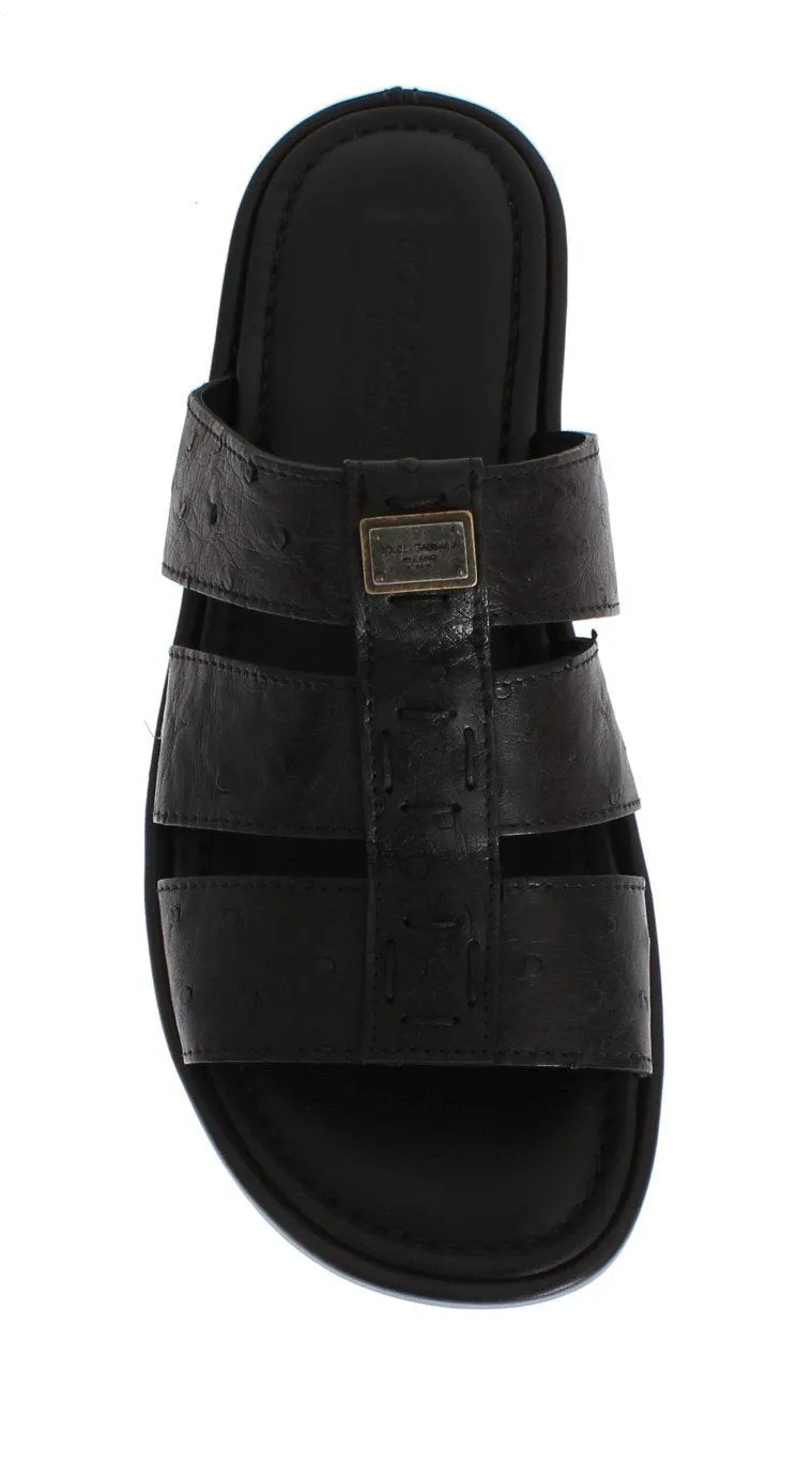 Black Ostrich Leather Slides Sandals