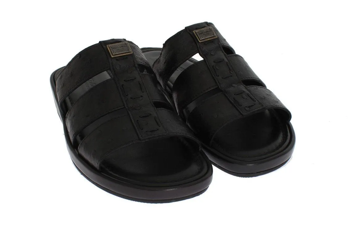 Black Ostrich Leather Slides Sandals