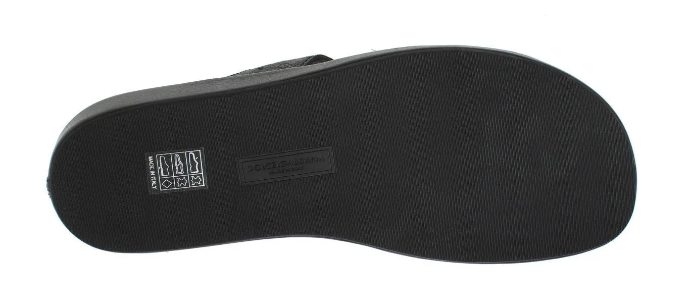 Black Ostrich Leather Slides Sandals