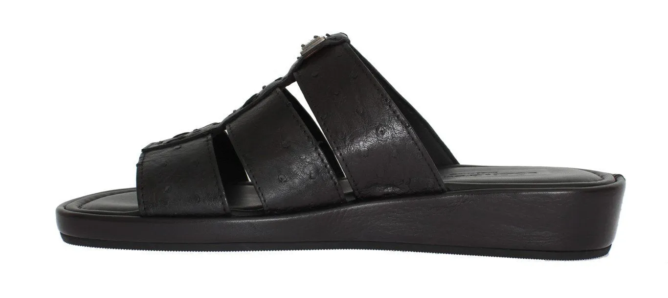 Black Ostrich Leather Slides Sandals