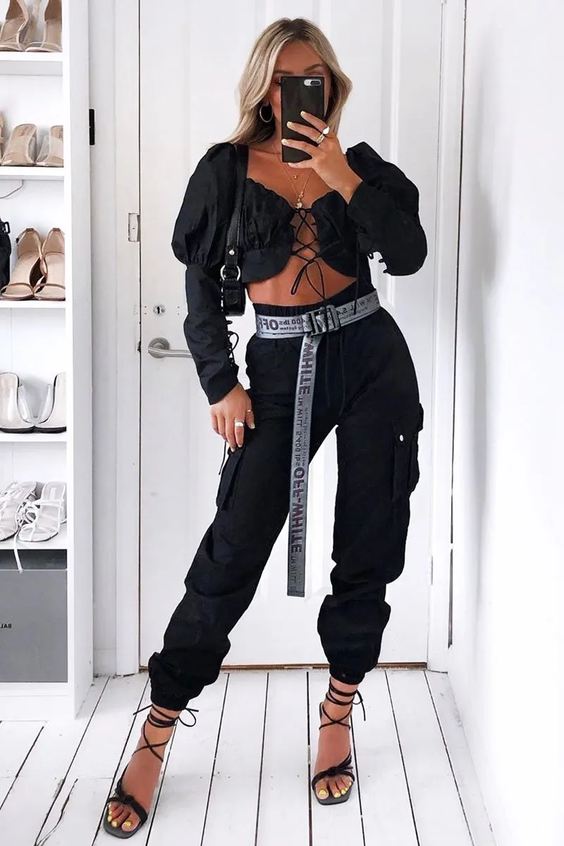 Black Satin Utility Pocket Cuffed Hem Trousers - Delilah