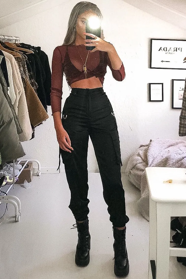 Black Satin Utility Pocket Cuffed Hem Trousers - Delilah
