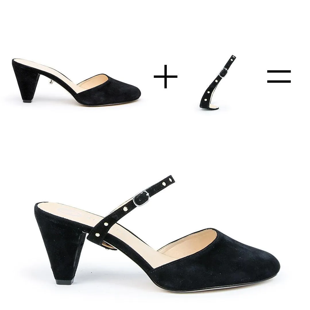 Black Suede Mule   Studded Black Twiggy Strap