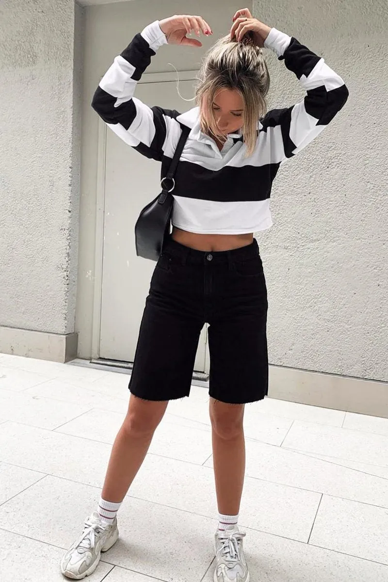 Black White Stripe Cropped Polo Top - Hadia