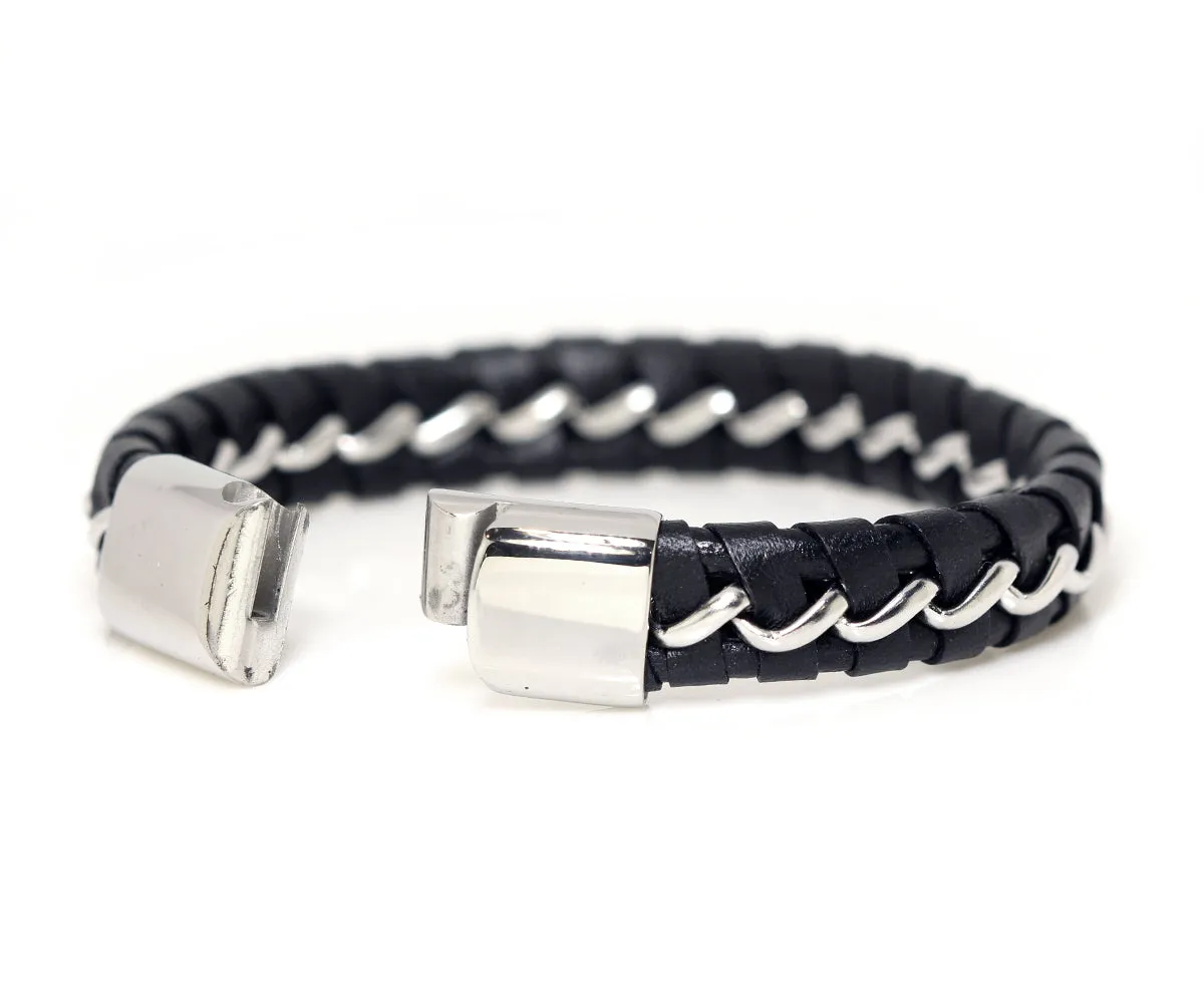 Braided Chain and Black Leather Bracelet