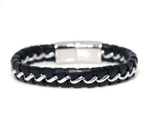 Braided Chain and Black Leather Bracelet