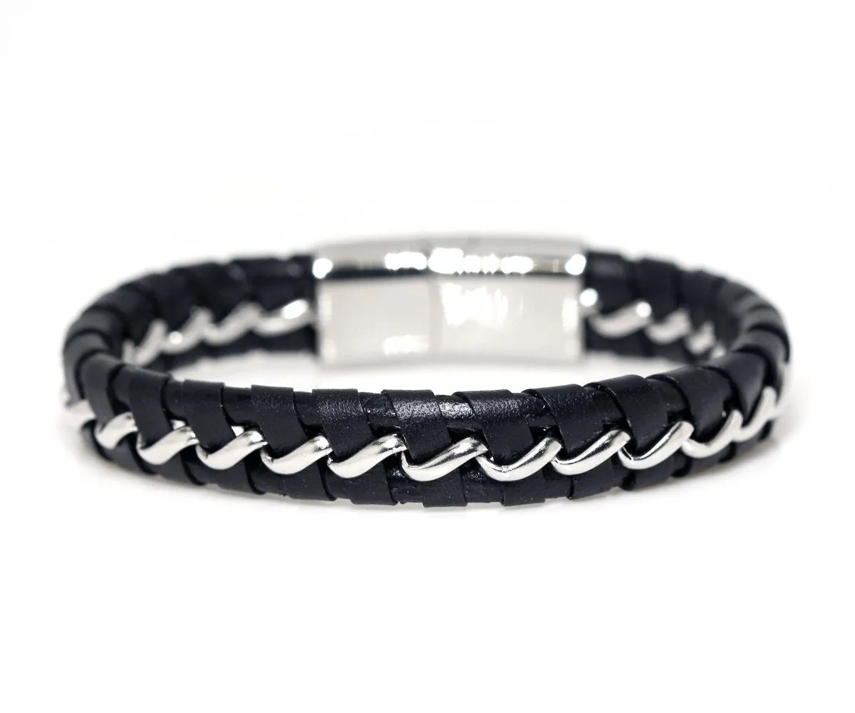 Braided Chain and Black Leather Bracelet