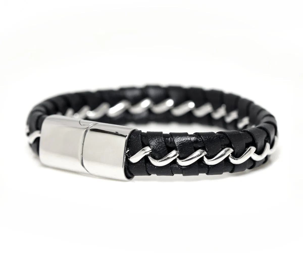 Braided Chain and Black Leather Bracelet