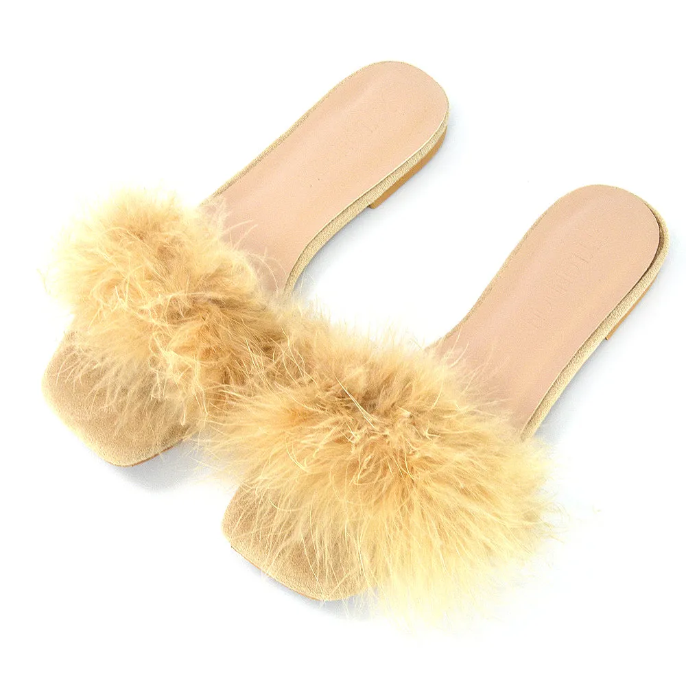 BROOKLYN FLAT FAUX FUR FLUFFY STRAPPY SLIP ON SQUARE TOE SANDAL SLIDERS IN NUDE