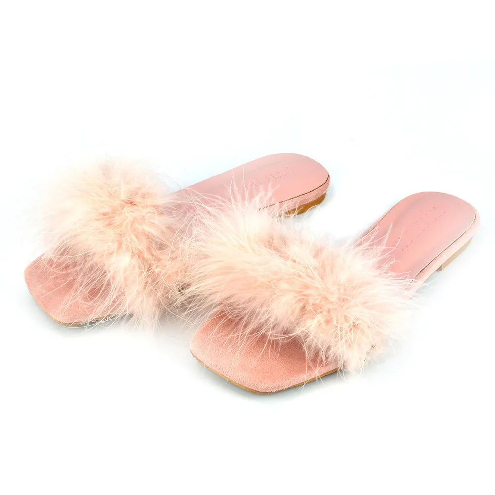 BROOKLYN FLAT FAUX FUR FLUFFY STRAPPY SLIP ON SQUARE TOE SANDAL SLIDERS IN NUDE