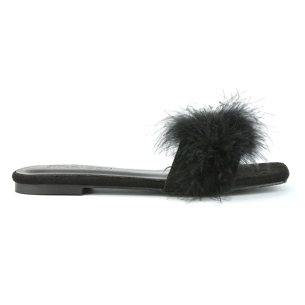 BROOKLYN FLAT FAUX FUR FLUFFY STRAPPY SLIP ON SQUARE TOE SANDAL SLIDERS IN NUDE