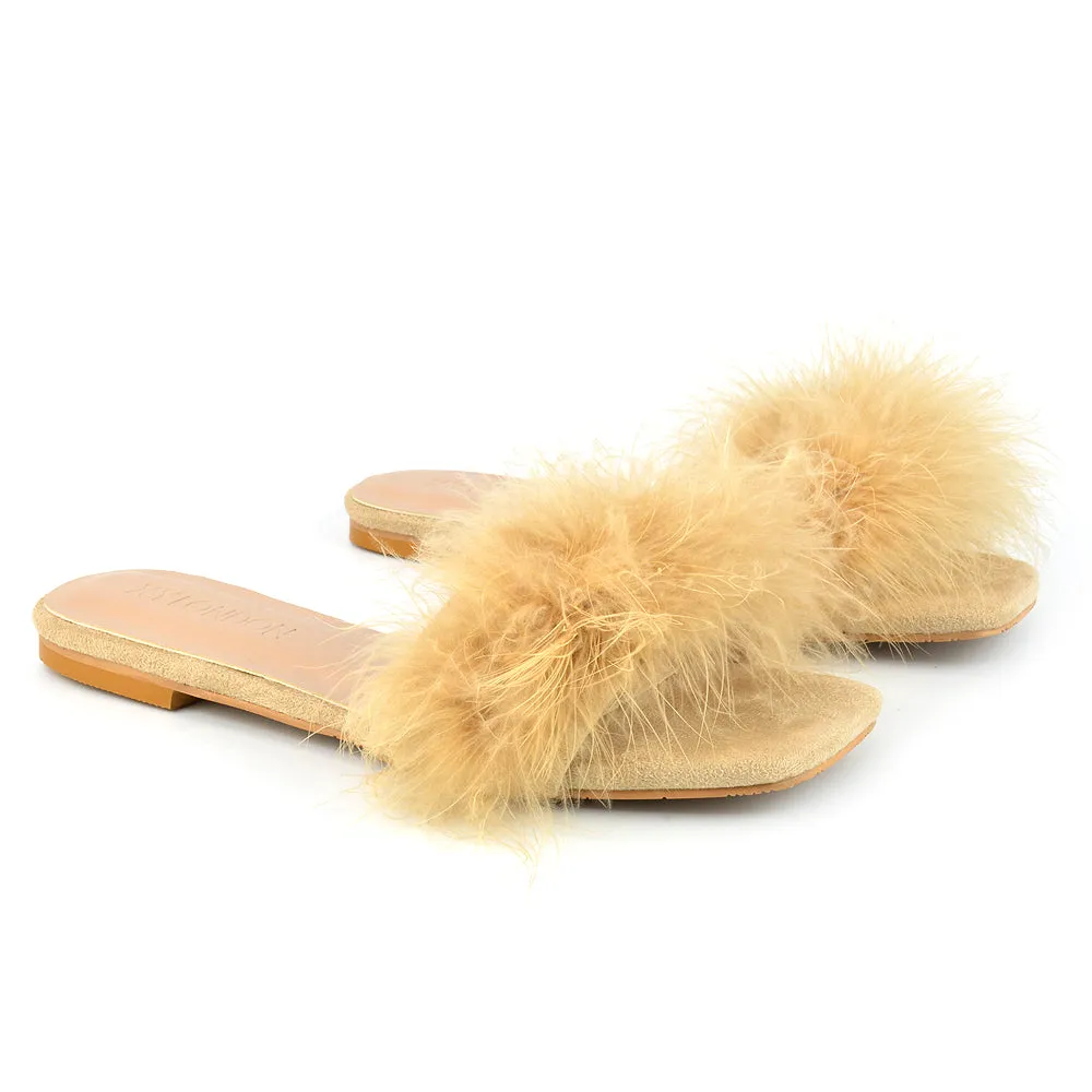 BROOKLYN FLAT FAUX FUR FLUFFY STRAPPY SLIP ON SQUARE TOE SANDAL SLIDERS IN NUDE