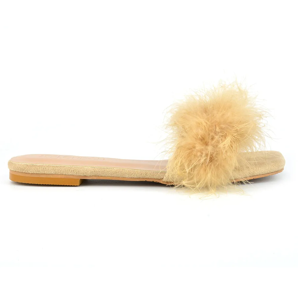 BROOKLYN FLAT FAUX FUR FLUFFY STRAPPY SLIP ON SQUARE TOE SANDAL SLIDERS IN NUDE