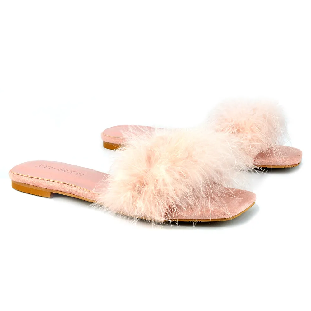 BROOKLYN FLAT FAUX FUR FLUFFY STRAPPY SLIP ON SQUARE TOE SANDAL SLIDERS IN NUDE