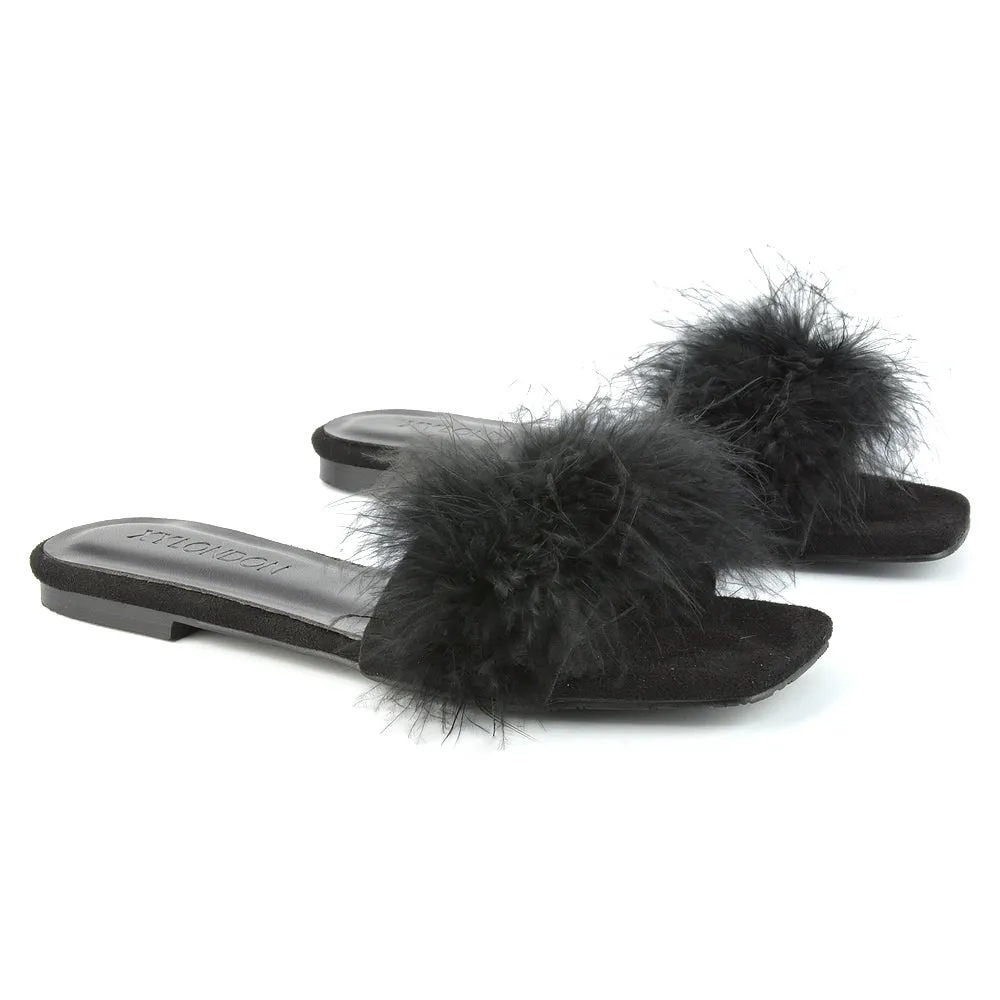 BROOKLYN FLAT FAUX FUR FLUFFY STRAPPY SLIP ON SQUARE TOE SANDAL SLIDERS IN NUDE