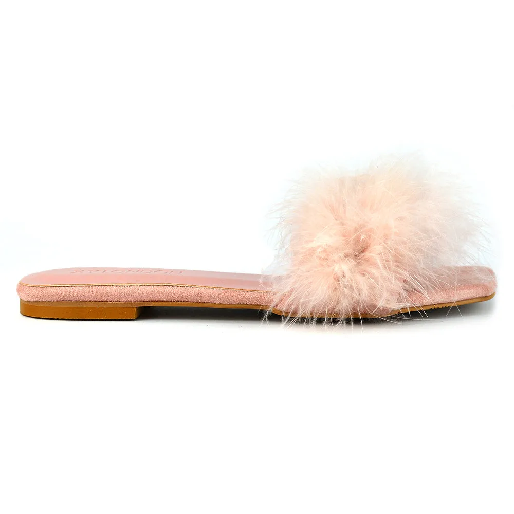 BROOKLYN FLAT FAUX FUR FLUFFY STRAPPY SLIP ON SQUARE TOE SANDAL SLIDERS IN NUDE