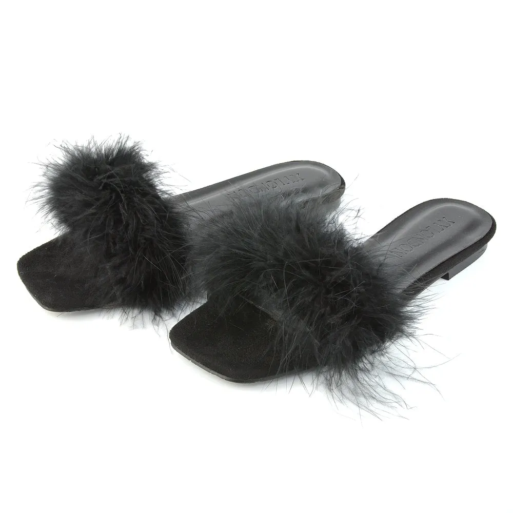 BROOKLYN FLAT FAUX FUR FLUFFY STRAPPY SLIP ON SQUARE TOE SANDAL SLIDERS IN NUDE