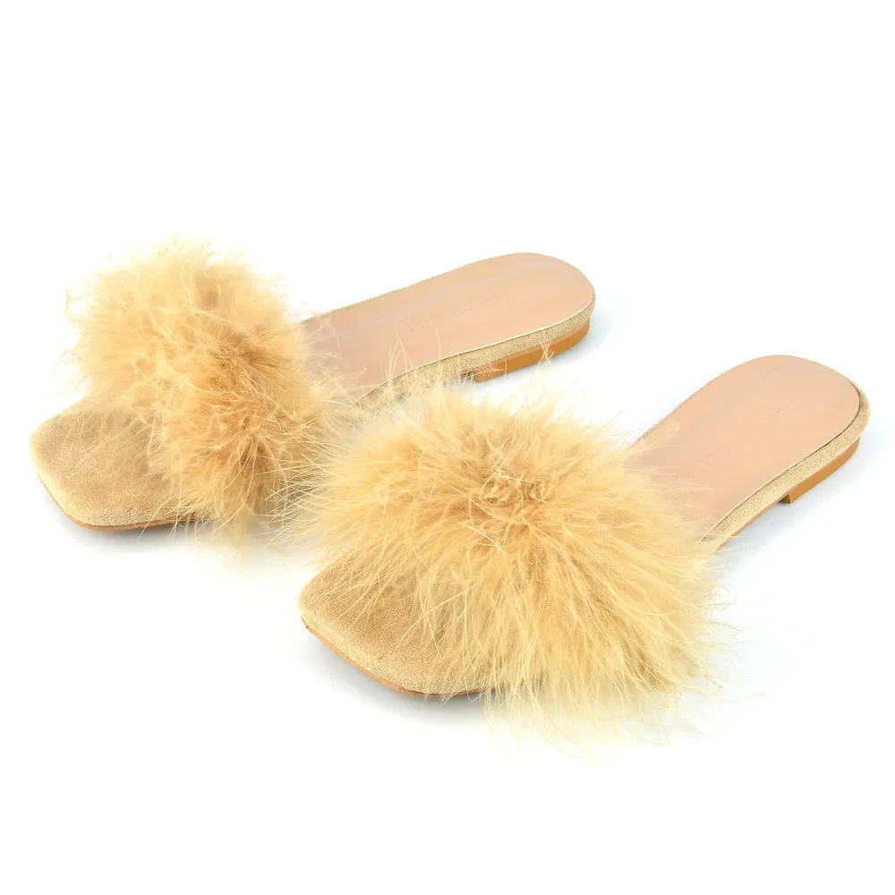 BROOKLYN FLAT FAUX FUR FLUFFY STRAPPY SLIP ON SQUARE TOE SANDAL SLIDERS IN NUDE