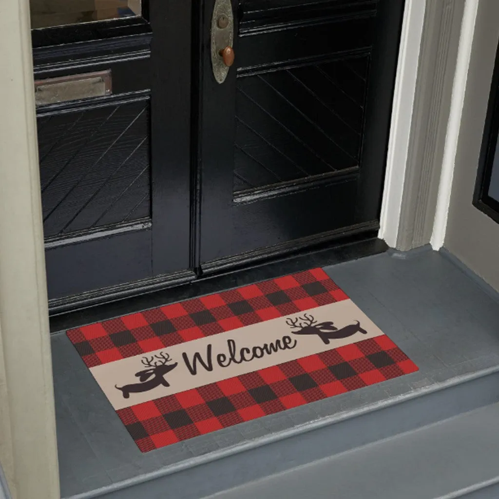 Buffalo Plaid Reindeer Dachshund Doormat