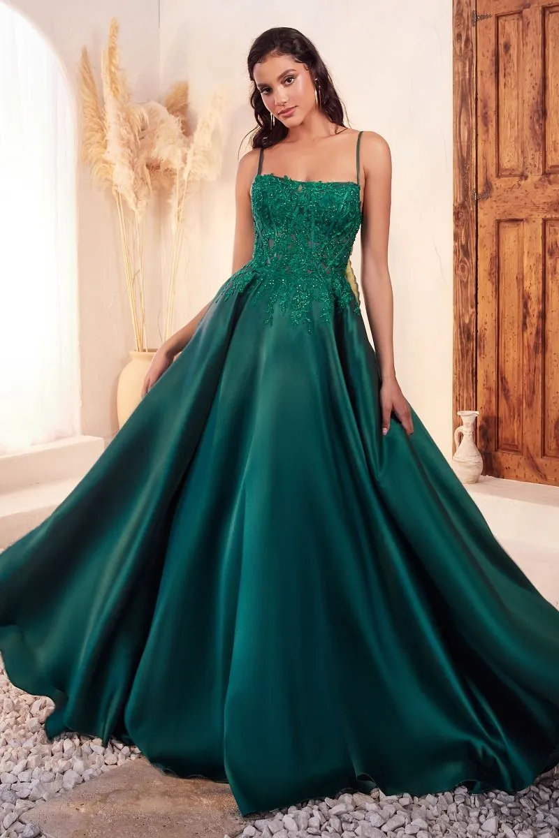 CD C145 - Satin Ball Gown with Sheer Lace Embellished Bateau Neck Bodice