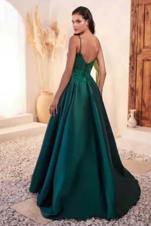 CD C145 - Satin Ball Gown with Sheer Lace Embellished Bateau Neck Bodice