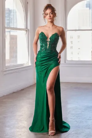 CD CDS465 - Strapless Shimmer Stretch Fit & Flare Prom Gown with Sheer Beaded Lace Embellished Corset Bodice & Leg Slit