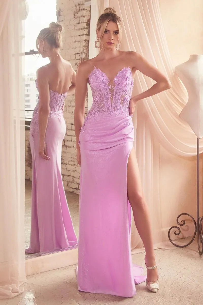 CD CDS465 - Strapless Shimmer Stretch Fit & Flare Prom Gown with Sheer Beaded Lace Embellished Corset Bodice & Leg Slit