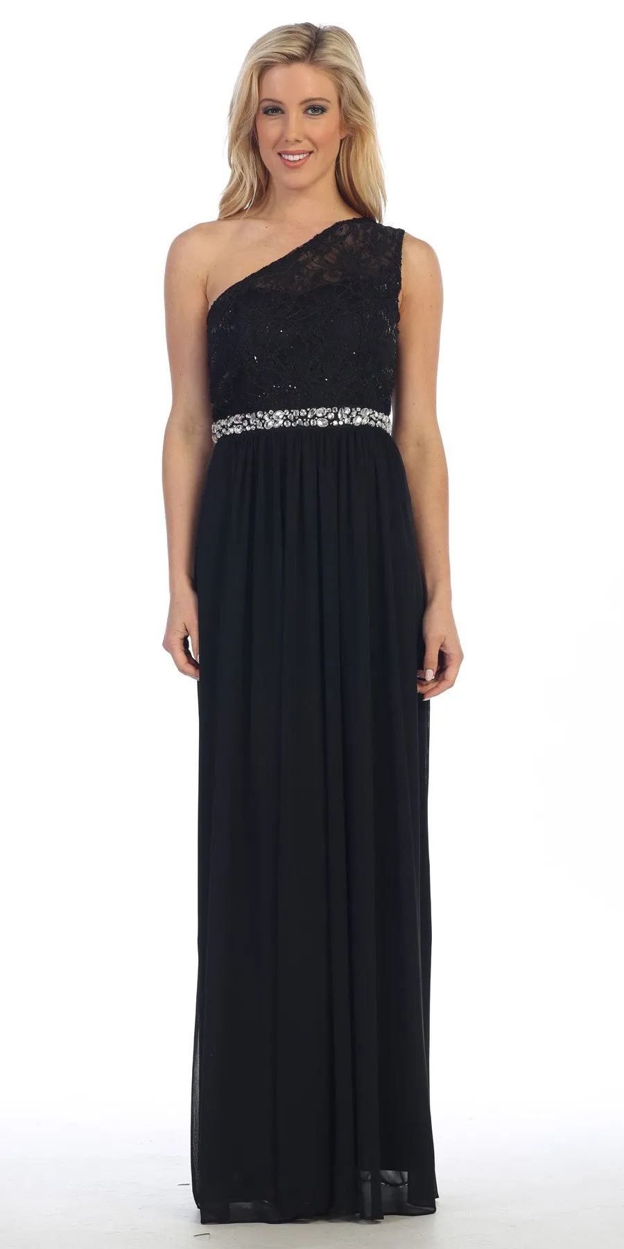 Celavie 6288 One Shoulder Rhinestones Waist Long Formal Dress