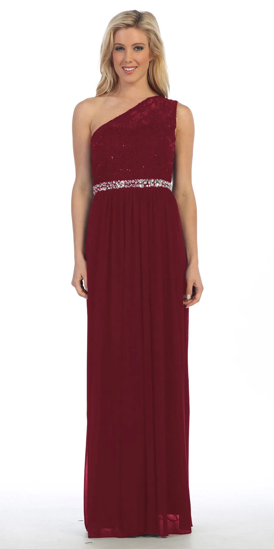 Celavie 6288 One Shoulder Rhinestones Waist Long Formal Dress