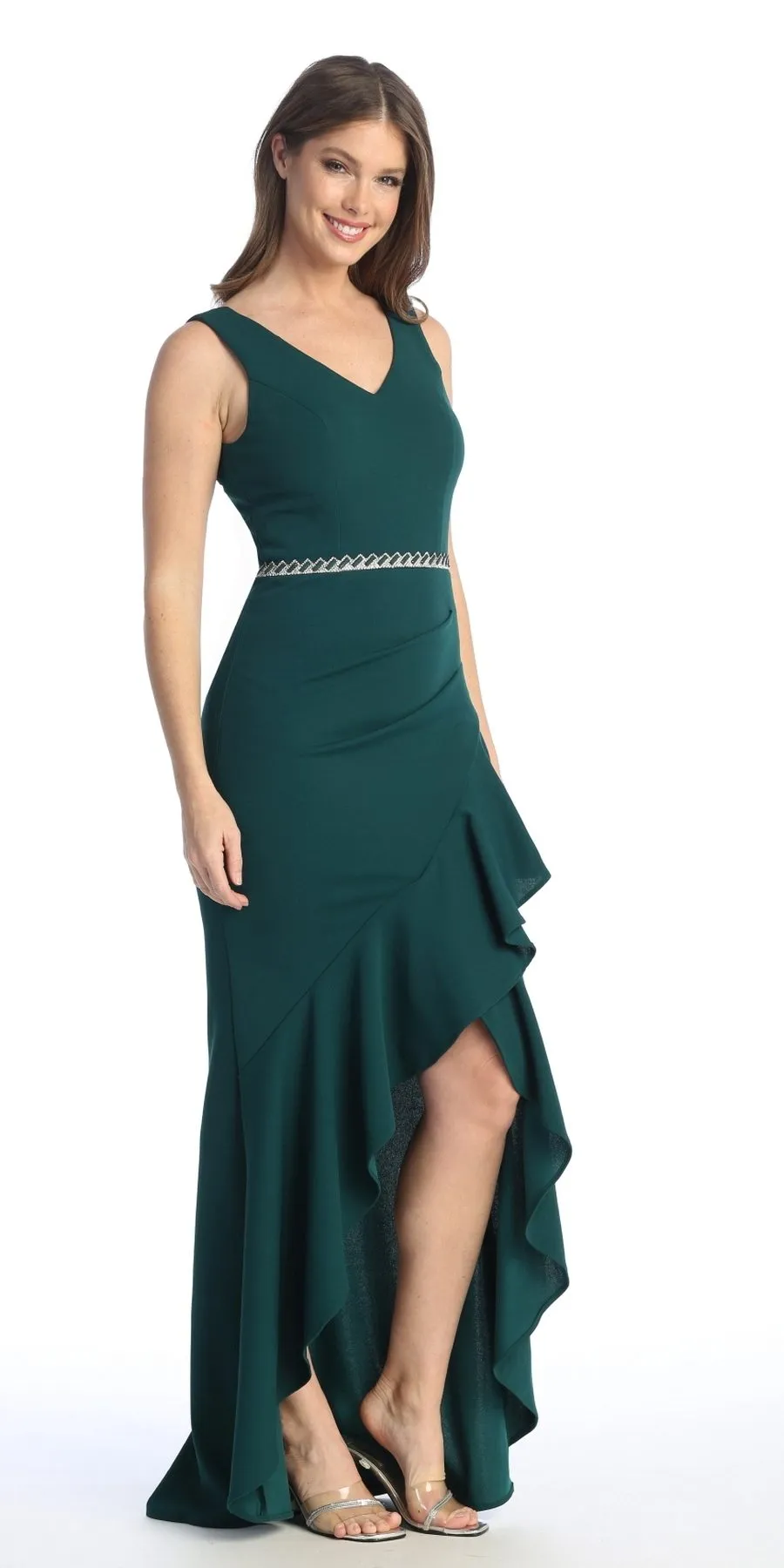 Celavie 6554-L Long Fitted Sleeveless Dress Ruffled Slit