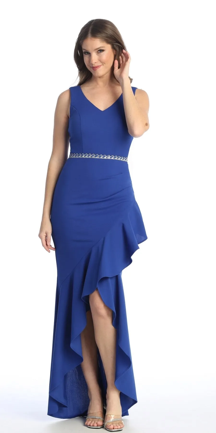 Celavie 6554-L Long Fitted Sleeveless Dress Ruffled Slit