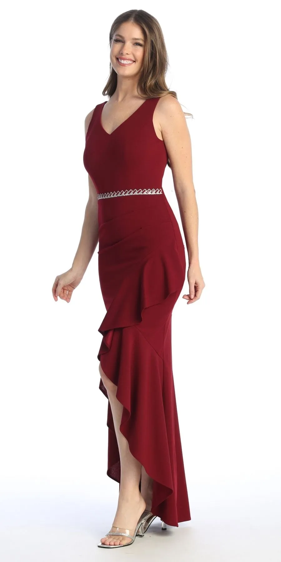 Celavie 6554-L Long Fitted Sleeveless Dress Ruffled Slit