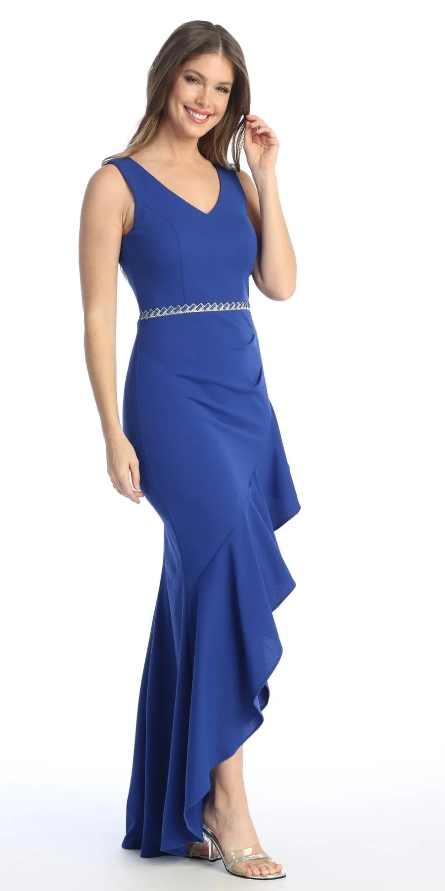 Celavie 6554-L Long Fitted Sleeveless Dress Ruffled Slit