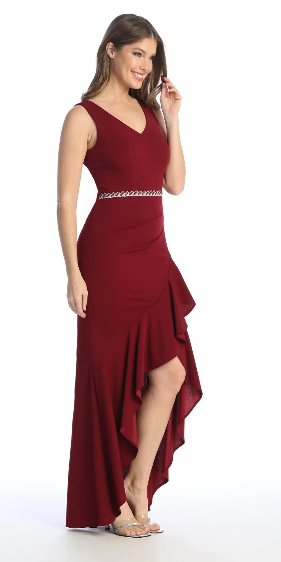 Celavie 6554-L Long Fitted Sleeveless Dress Ruffled Slit