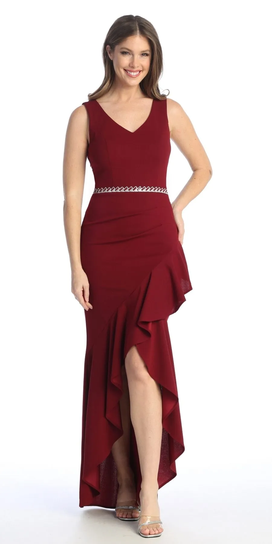Celavie 6554-L Long Fitted Sleeveless Dress Ruffled Slit