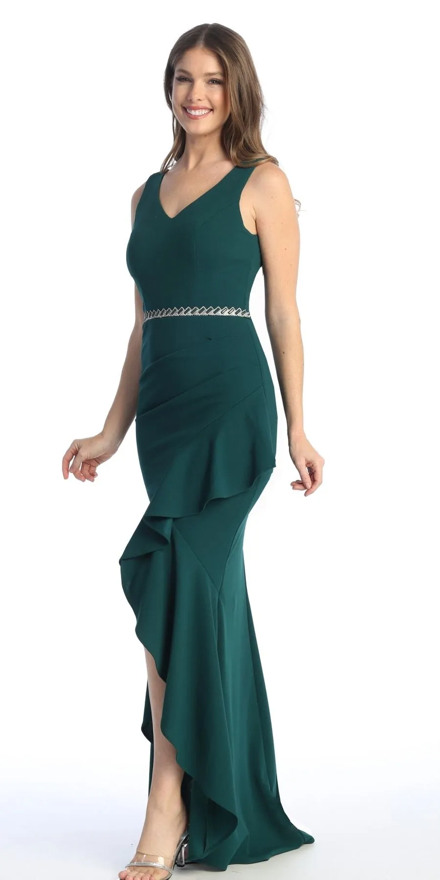 Celavie 6554-L Long Fitted Sleeveless Dress Ruffled Slit