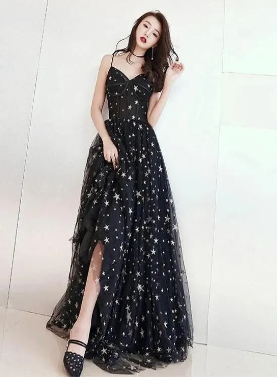 Charming Black Straps Long Party Dress, V-neckline Prom Dress